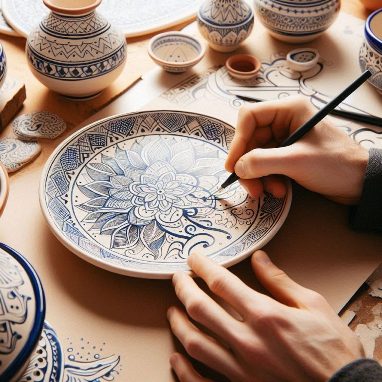 Une main qui dessine les motifs d'un plat en céramique